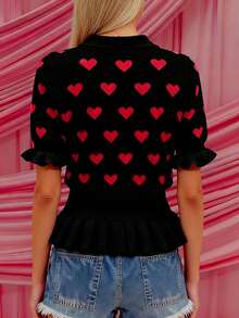 Womens Valentines Knit Cardigan Stylish Love Heart Pattern Ruffled Hem Button Down V Neck Half Sleeve Sweater Jacket - Black - View 3