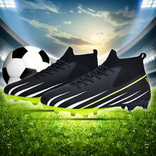 一双男女通用足球鞋，适合比赛和训练，低帮设计，柔软舒适，适合户外草地，系带，防滑，耐用，橄榄色鞋钉，适用于AG/FG场地，轻便，高性能，防滑设计，高帮专业足球鞋，厂家直销，多种颜色可选 - 黑色 - 查看 4