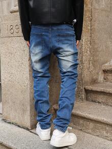 Men's Distressed Slim Fit Washed Denim Jeans, With Ripped Patches & Splatter Design, Grunge Rock Street Style Blue Jeans, Fashionable Daily Wear - Blue - View 5