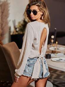 Women's Fashion Long Sleeve Crew Neck Knit Top, Cable Knit, Backless Tie Design, Cropped Length Summer - Apricot - View 4