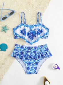Young Girl Summer Beach Vacation Chinoiserie Print Ruffle Trim Bikini Set - Multicolor - View 1