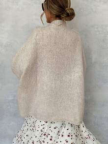 1pc Solid Color Knit Fabric Ribbed Front Button Closure Plus Size Women Dress, Suitable For Home, Daily, Vacation, Brunch, Autumn/Winter - Beige - View 3