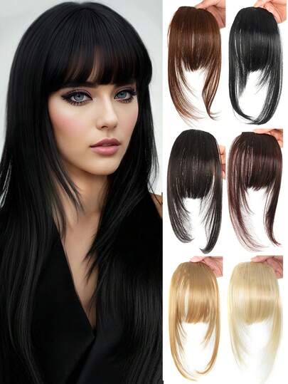 Peluca con flequillo sintético premium, flequillo postizo para mujeres, resistente al calor color negro natural, apto para uso diario