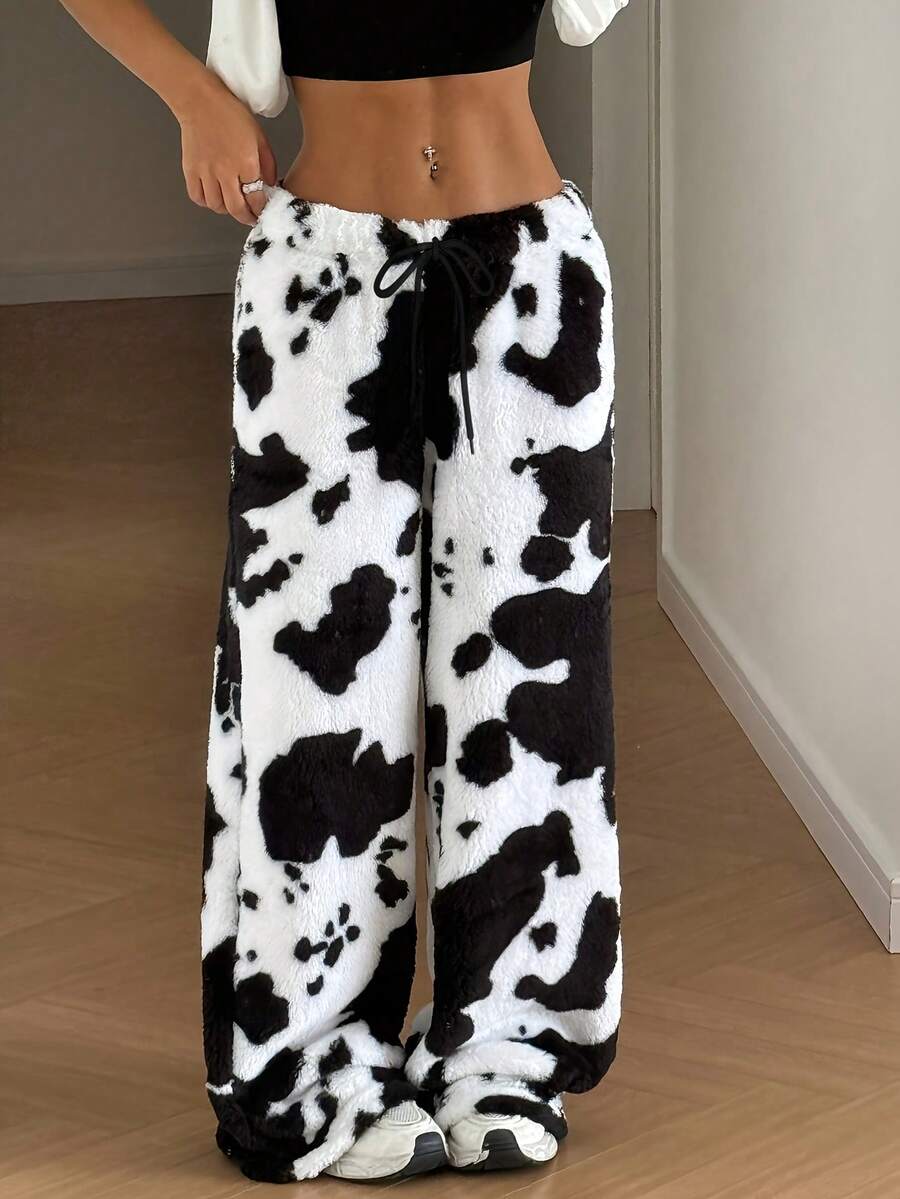 [Fleece-Lined Cow Print Pants] Women's Fleece-Lined Cow Print Loose Casual Thickened Wide Leg Pants Autumn And Winter - 黑色 - 查看 1