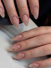 24 pièces/set Faux ongles à pointes françaises dégradées de taille longue avec design d'étoiles et de strass, style charmant pour femme, ajustement parfait des faux ongles acryliques, contient 1 pièce de colle de gelée et 1 pièce de lime à ongles, convient pour l'utilisation quotidienne, les études et les fêtes pour les femmes et les filles - Multicolore - Voir 1