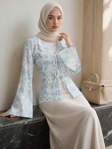 1 chiếc áo kiểu nữ Hồi giáo, tay chuông, in họa tiết phong cảnh, thắt nơ phía trước, thích hợp mặc hàng ngày, đi nghỉ lễ và các dịp lễ hội, áo màu xanh dương. - Màu xanh lam - Xem 2