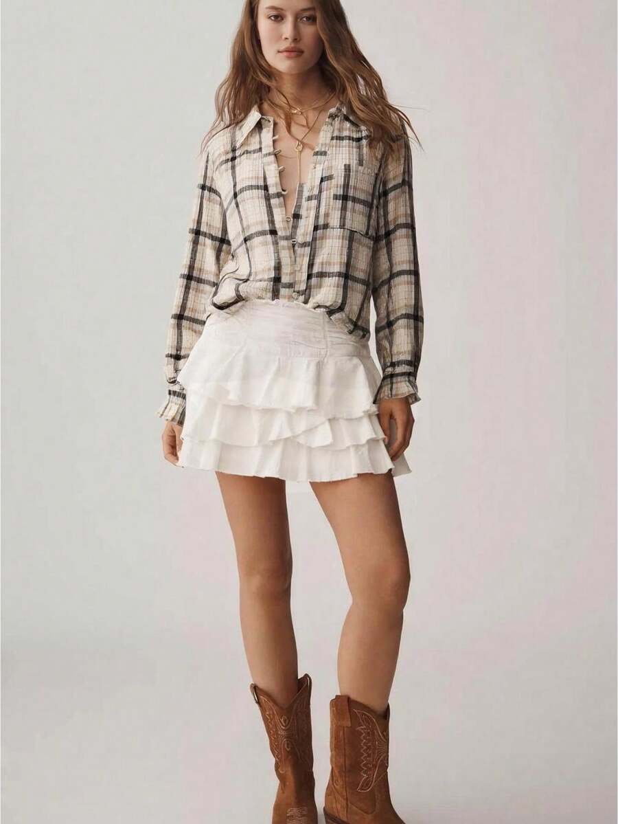 Women's Collared Plaid Shirt, Y2K Style, Long-Sleeved Puff Sleeve, Ruffled Button Plaid Shirt, Comfortable And Casual Shirt Suitable For Daily Commuting. - Màu be - Xem 1
