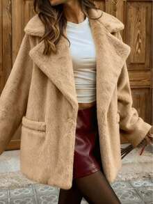 女士卡其色仿羊羔毛宽松外套，蓬松翻领皮草夹克，秋冬季慵懒长款上衣 - 卡其色 - 查看 5