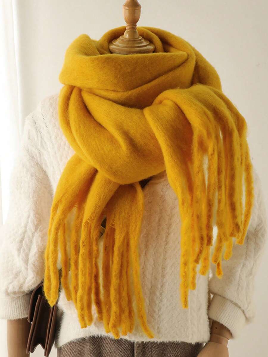 1pc Women's Mohair Scarf, Solid Color Versatile Winter Warm Extra Long Tassel Scarf, Faux Cashmere Shawl, Outdoor Ladies Shawl - Mustard Yellow - View 1