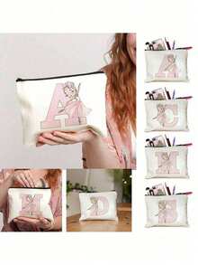 1 قطعة حقيبة كانفاس للتجميل والتخزين بنمط حرف 26 وفتاة الباليه الجميلة، هدية موضوع فتاة الباليه الجميلة للبنات، حقيبة مكياج كبيرة السعة خفيفة الوزن لحقيبة السفر والعناية الشخصية - هدية عيد الأم، حقيبة تخزين فريدة، حقيبة مستحضرات تجميل، حقيبة هدايا للمناسبات - بيج - مشاهدة 3