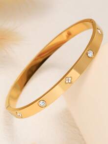 Elegant Shiny Fashion Single Row Rhinestone Stainless Steel Bracelet For Women, Suitable For Daily Wear And As Gift For Friends - Yellow Gold - View 16