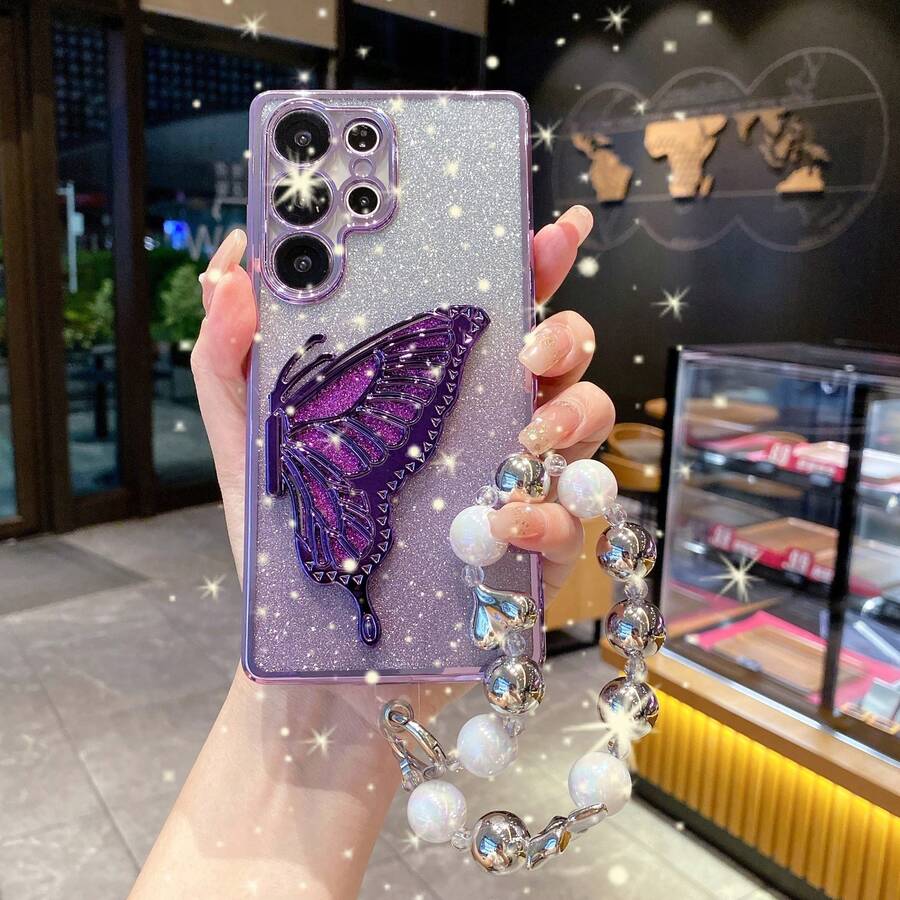 (With Bracelet) Luxury Butterfly Stand Phone Case, Dust-Proof Thick Edge Protection Cover Compatible With Samsung Galaxy S24 Ultra/S24 Plus/S24, S23 Ultra/S23 Plus/S23, S22 Ultra/S22 Plus/S22, S21 Ultra/S21 Plus/S21 FE, S20 Ultra/S20 Plus/S20 FE, A5x/C1 2 3 4 5 6 7 8 9/9 8 7 6 5 4 3 2 1 - Purple + Stand + Bracelet - View 1
