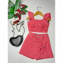 Krica Kids - Conjunto Infantil Festa Cropped Saia Flores 3D Strass Luxo Blogueirinha