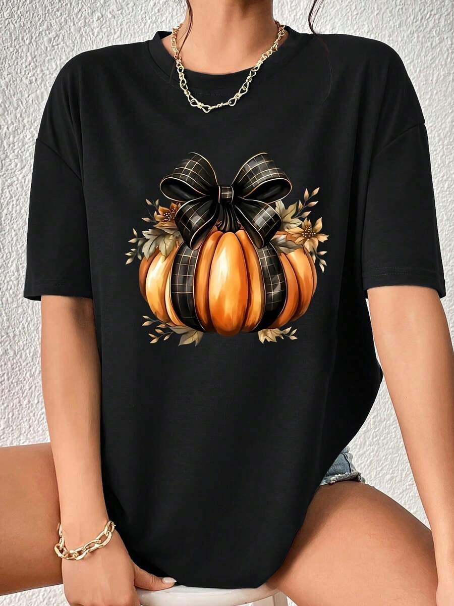 Plus-Size Printed T-Shirt, Women's Simple And Stylish Regular Casual T-Shirt, Suitable For All Seasons. - 黑色 - 查看 1