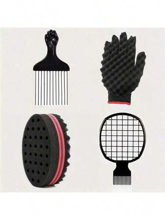 4 Pcs/Set Hair Sponge Set, Curly Hair Sponge Gloves, Metallic Hair Comb, Curly Hair Comb, Barber Salon Daily Use Of Oil Tinfoil Hair Comb Set Pink Accessories Sponge Hair Men ,Barber, Men Accessories, Accessories For Man, Head Accessories For Men