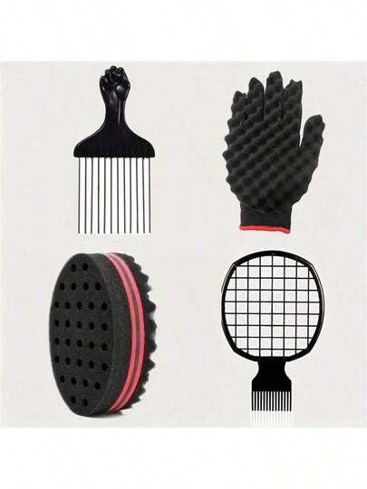 4 Pcs/Set Hair Sponge Set, Curly Hair Sponge Gloves, Metallic Hair Comb, Curly Hair Comb, Barber Salon Daily Use Of Oil Tinfoil Hair Comb Set Pink Accessories Sponge Hair Men ,Barber, Men Accessories, Accessories For Man, Head Accessories For Men