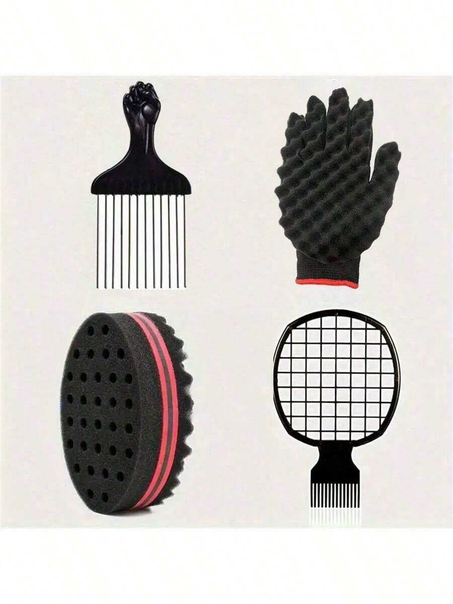 4件套美发海绵套装，卷发海绵手套，金属发梳，卷发梳，理发沙龙日常用油锡箔发梳套装，粉色配件，男士美发海绵，理发师，男士配件，男士头部配件 - 彩色 - 查看 1