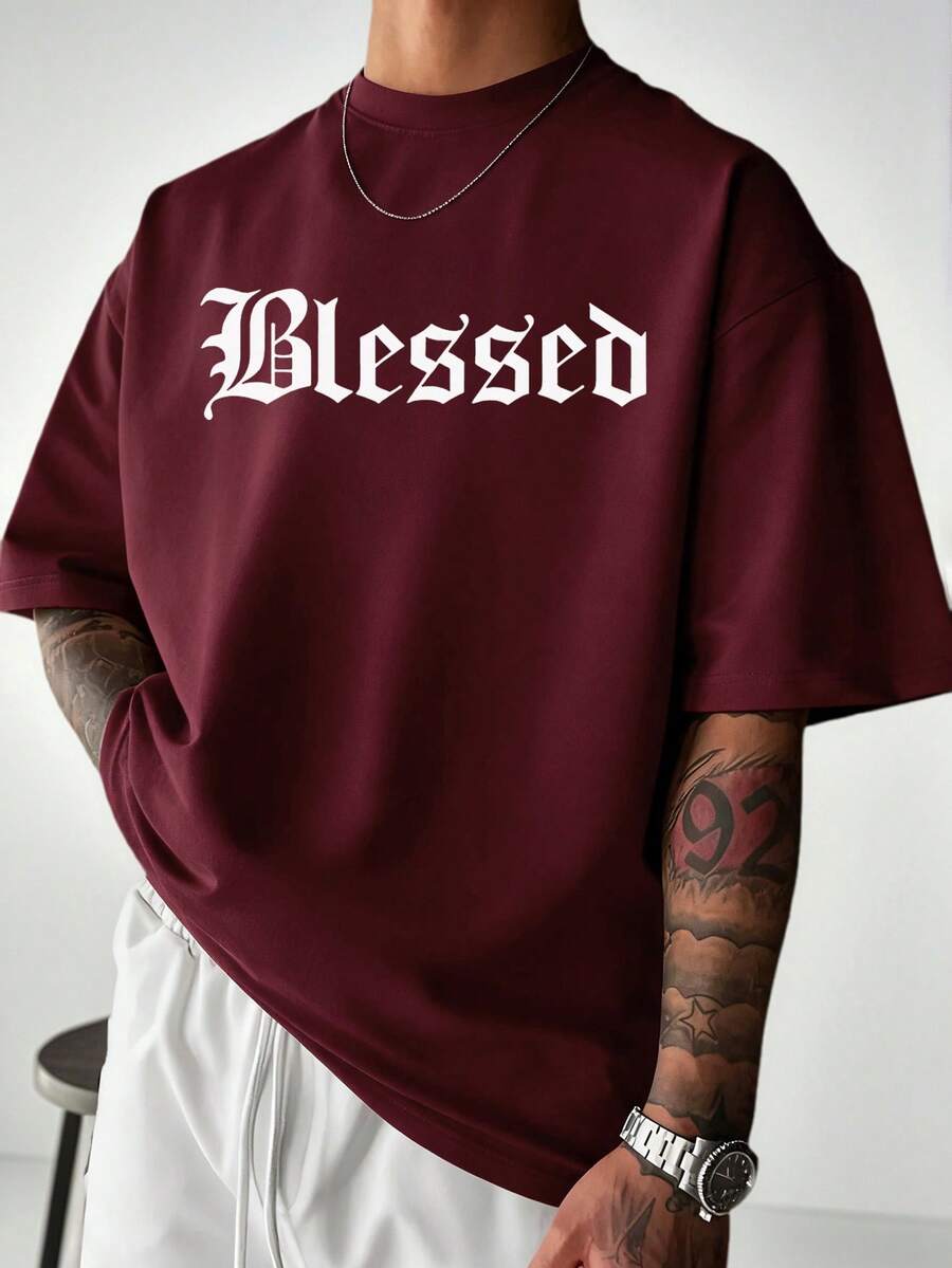 Krometka Men's Casual Versatile Simple English Slogan Printed Short Sleeve T-Shirt - Burgundy - View 1