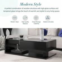 Tempered Glass Coffee Table, Wooden Cocktail Table With High-Gloss UV Surface, Modern 2-Tier Rectangle Center Table For Living Room, Black - 黑色 - 查看 4