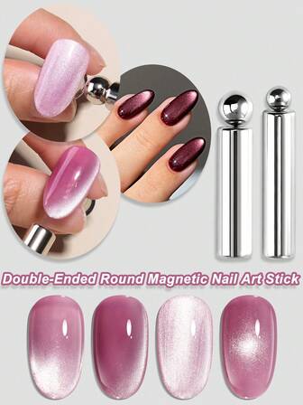 Set de 2 barras magnéticas mini de doble extremo, imán de ojo de gato redondo, adecuado para diseño de uñas de gel de ojo de gato 3D, decoración de arte de uñas con brillo DIY, herramientas magnéticas para salón de uñas, suministros de arte de uñas