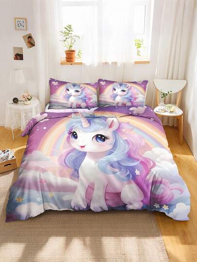 2/3pcs Set Cute Pastel Rainbow Unicorn Bedding Set, Kawaii Cartoon Unicorn Duvet Cover With Pillowcase, Dreamy Cloud & Starry Print Bed Set, Suitable For Girls & Kids Bedroom Decor (Large Size)