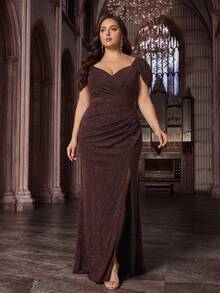 迷人贴花派对正式礼服深V领大码宴会晚礼服曲线女士短袖开衩长裙 - 香檳色 - 查看 6