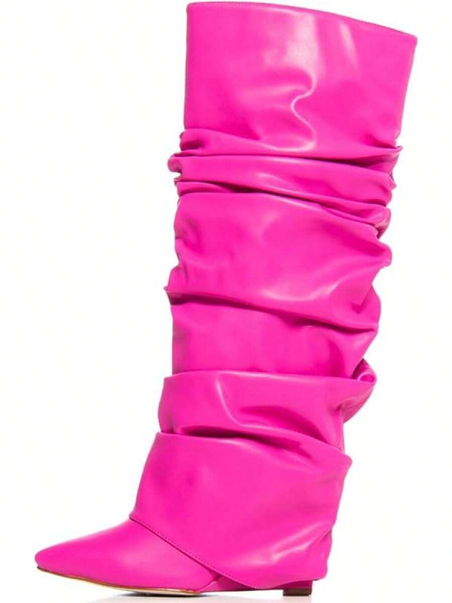 Women's Slouched Ruched Fold Over Boots - Patent Leather Covered Wedge Heel Wide Calf Pointed Toe Knee High Casual Boots - Pink - View 1