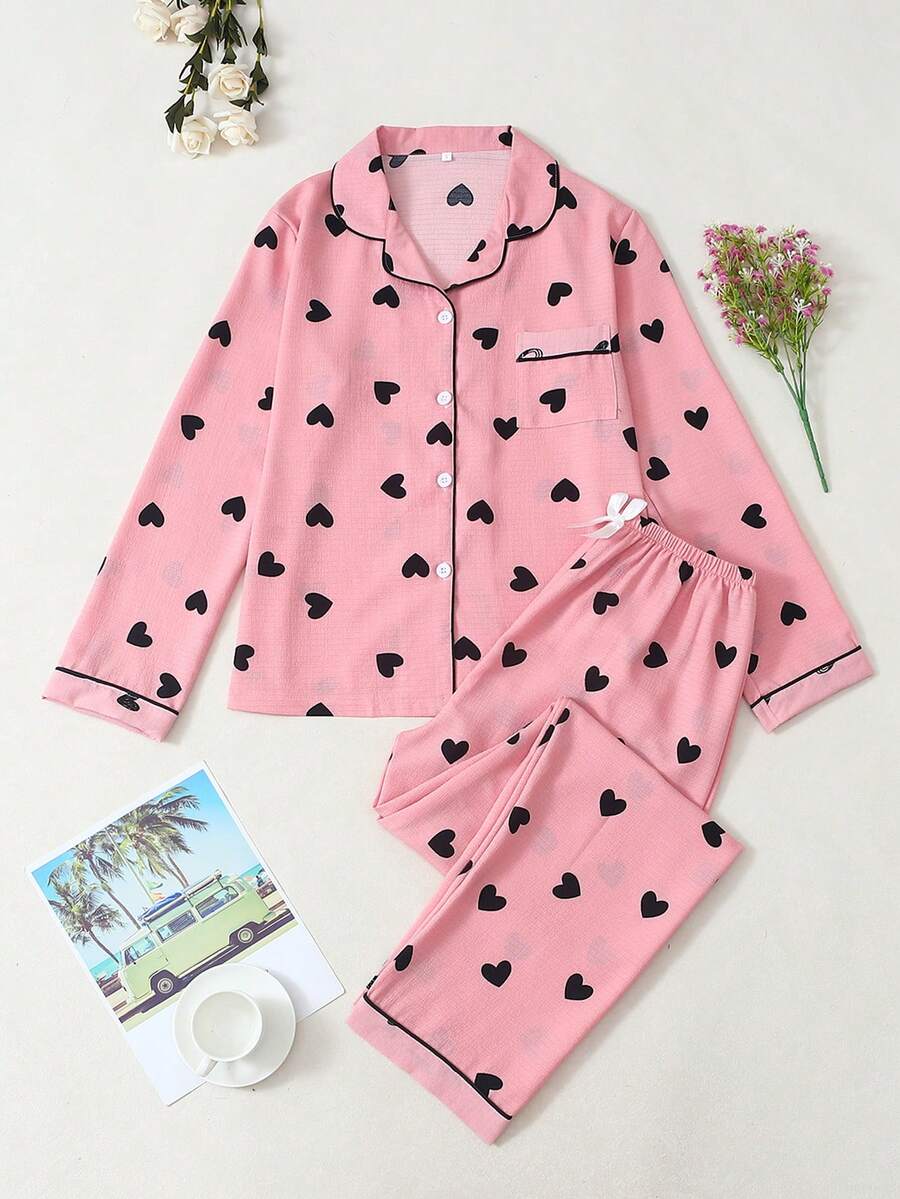 [Dreamery]Heart Print Women Long Sleeve & Long Pants Pajama Set - Pink - View 1