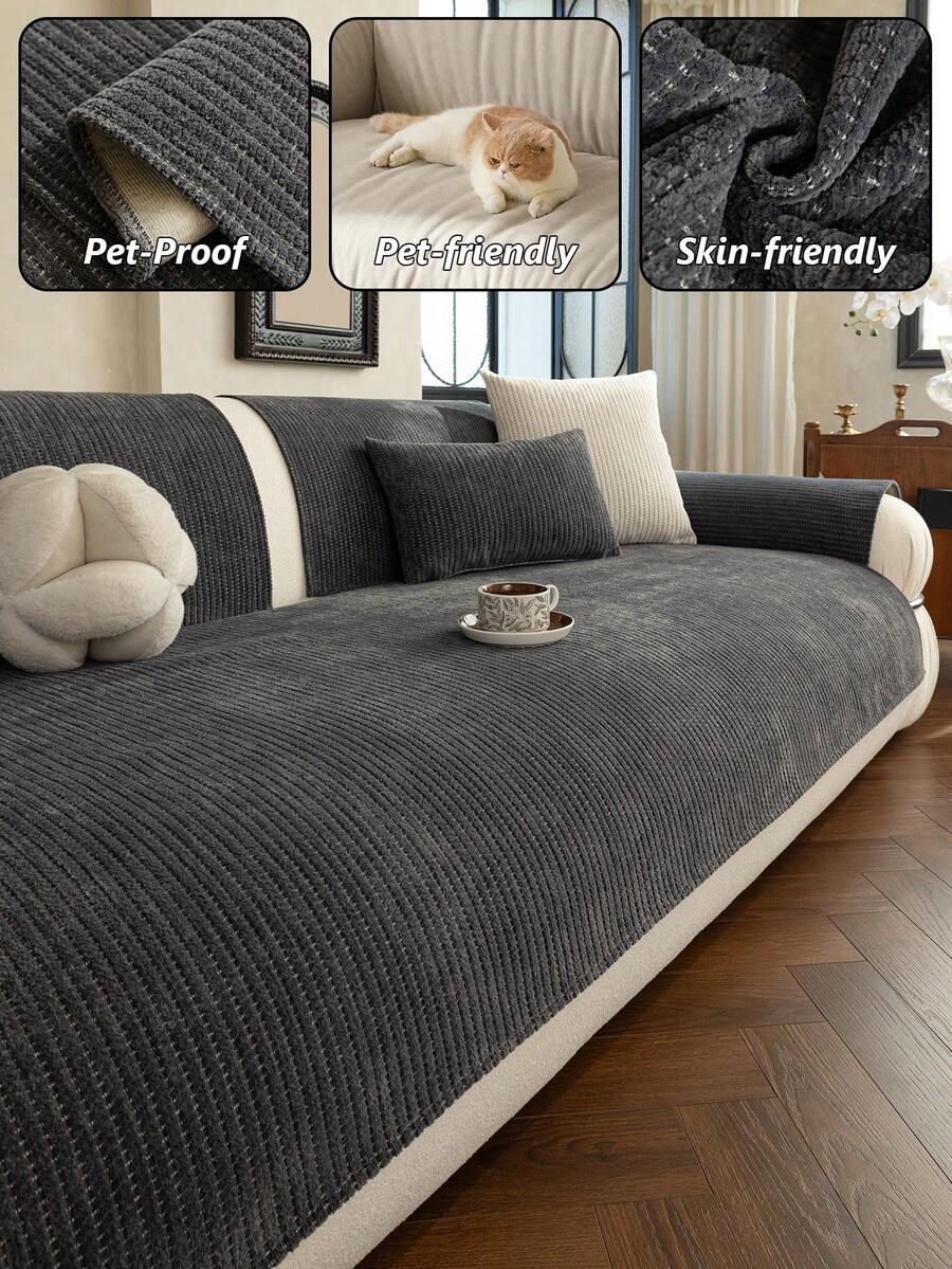 1PC Modern Solid Color Sofa Cushion, All-Season Universal Lazy Seat Pad, Suitable For 1-4 Seater Sofa Protective Cover Slipcover, Machine Washable And Pet-Friendly - Dark Grey - View 1