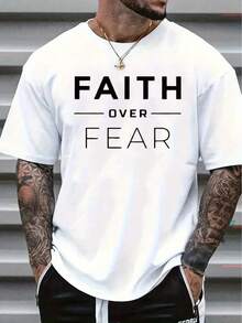 Men'S Faith Over Fear Christian Graphic T-Shirt - With Lettering, Casual Round Neck Short Sleeve, Breathable Summer Tee For Church Events & Casual Attire, Inspirational Bible Verse Apparel - trắng - Xem 11