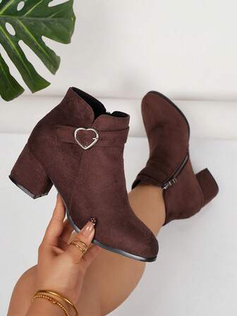 Plus Size Women's Chunky Heel High Heel Solid Black Casual Side Zipper Heart Decor Strap Ankle Boots, Comfortable Short Boots