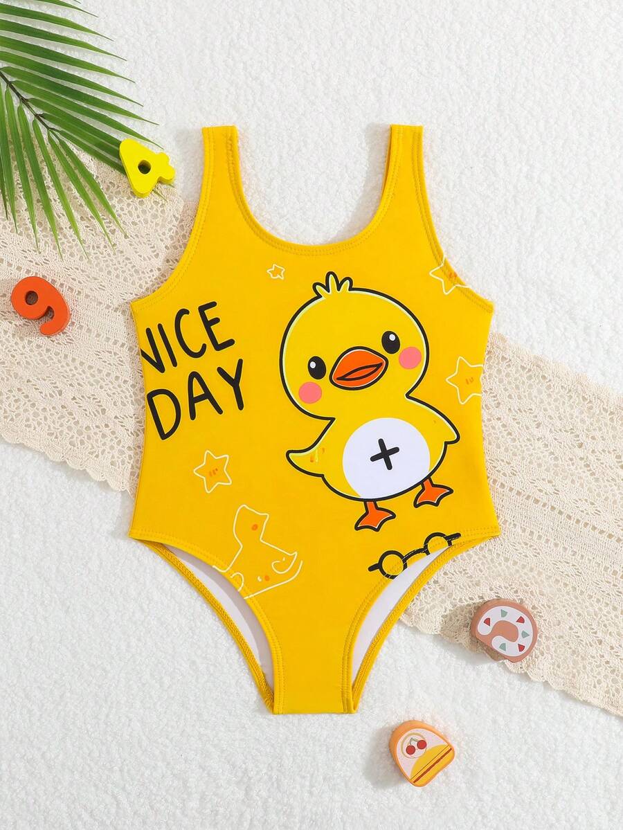 卡通鸭子印花休闲连体泳衣，适合年轻女孩