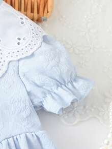 Girls' Light Blue Jacquard Doll Dress, Hollow Out Collar Ruffle Trim Short Sleeve Dress, Suitable For Everyday Wear