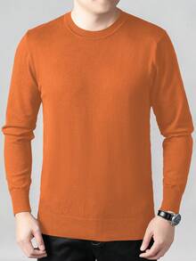 Men's Solid Color Crew Neck Long Sleeve Casual Versatile Lightweight Sweater, Loose Knit Top - Orange - View 2