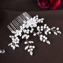 1pc Elegant Handmade Faux Pearl Leaf Bridal Hair Comb, Minimalist & Chic For Wedding, Party, Banquet - Silver - View 7
