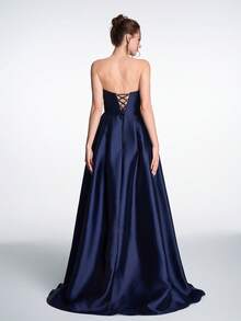 Vestido de noche de cola de sirena con espalda descubierta, cruzado y con cuentas brillantes de lujo de Anymoon, adecuado para galas, brindis nupciales, cenas formales, fiestas de cóctel y primavera - Azul Marino - Ver 3