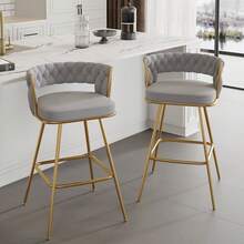 VECELO Set Of 4 Grey PU Leather Bar Stool With Electroplated Metal Frame – 34-Inch Tall Bar Chair With Footrest, For Kitchen Island And Home Bar - Grey - View 8