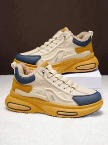 男士休闲运动鞋，新款秋冬加绒内里，保暖户外时尚百搭运动厚底校园学生鞋，日常通勤休闲步行撞色弹力设计抓绒冬鞋 - 黃色 - 查看 2