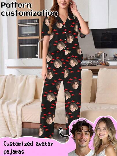 Conjunto de pijama de cárdigan de manga corta personalizado para mujer, se puede imprimir cualquier patrón, pijamas personalizados con fotos, imágenes divertidas y personalizadas, ropa de dormir cómoda. Adecuado para el Día de San Valentín, cumpleaños, regalos y otras ocasiones, personalizado, colorido, lindo, ingenioso, único, exclusivo, regalo ideal para la novia, adecuado para la novia, la familia, los amigos, los mayores, de moda para el otoño, fiesta