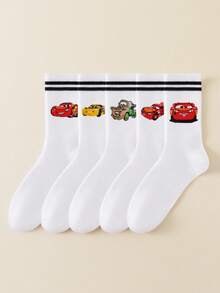 Disney 5双装汽车卡通图案男士船袜，黑白条纹，可爱图案，防臭，吸湿排汗，休闲百搭，适合学生/成人作为礼物或日常穿着 - 白色 - 查看 3