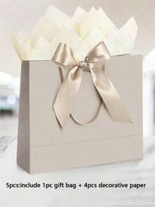 5pcs/1pc-Landscape-Style Kraft Paper Gift Bags, Shopping Bags, Packaging Bags With Handles, Bow-Decorated Handbags, Trick Or Treat, Halloween, White Large-Capacity Paper Bags, Halloween, Thanksgiving, Christmas,Room Decor,Desk Organiser,Mum Gifts,New Years,Personalised,Valentine's Day Decorations, Valentine's Day Gifts, Valentine's Day > Decorations - Champagne - View 7