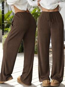 柔软舒适的罗纹弹力腰带口袋仿抽绳设计直筒裤，适合女性户外休闲、通勤、散步、街头穿着，四季皆宜。 - 棕色 - 查看 1