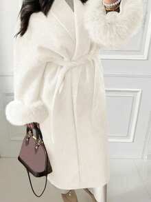 女士新款优雅系带仿毛皮袖外套，高档羊毛质感面料，系带长款大衣，修身显瘦，和服式设计，秋冬款 - 白色 - 查看 2