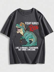 Men's Summer Fashion Simple Dinosaur Element Print Short Sleeve T-Shirt | Basic Style Street Casual Top - Dark Grey - View 5