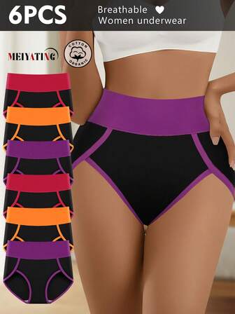MEIYATING 6 st kvinnors trosor med hög midja, moderiktiga bomullstrosor i kontrastfärg med vid benöppning, bekväma