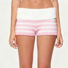 Women's Fold Over Waist Knitted Shorts Y2k Low Waist Striped Print Color Block Slim Fit Hot Pants Party Clubwear Going Out Sweater Shorts Loungewear Bottoms Stretchy Yoga Shorts Summer Casual Active Jogger Sweatshorts - Hồng - Xem 2