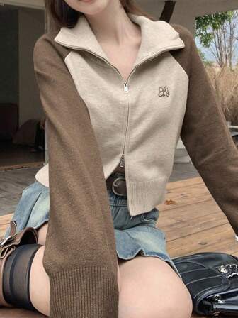 撞色高领拉链休闲女式长袖开衫