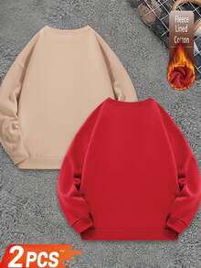 Bộ đồ thể thao 2 món họa tiết chồn, áo chui đầu rộng rãi bằng cotton lót lông cừu, áo cổ tròn in hình phù thủy dành cho nữ. - mơ + đỏ - Xem 2