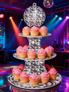 1set Disco-Themed Cupcake Stand, Cupcake Display Stand, Three-Tier Dessert Display Stand. Suitable For Disco-Themed Birthday Parties, Birthday Parties, Retro Parties, Baby Showers, Bachelor/Bachelorette Parties, Holiday Table DIY Cake Decorating, Bridal Dessert Tables, Or 70s New Year's Eve Snack Displays. - Multicolor - View 1