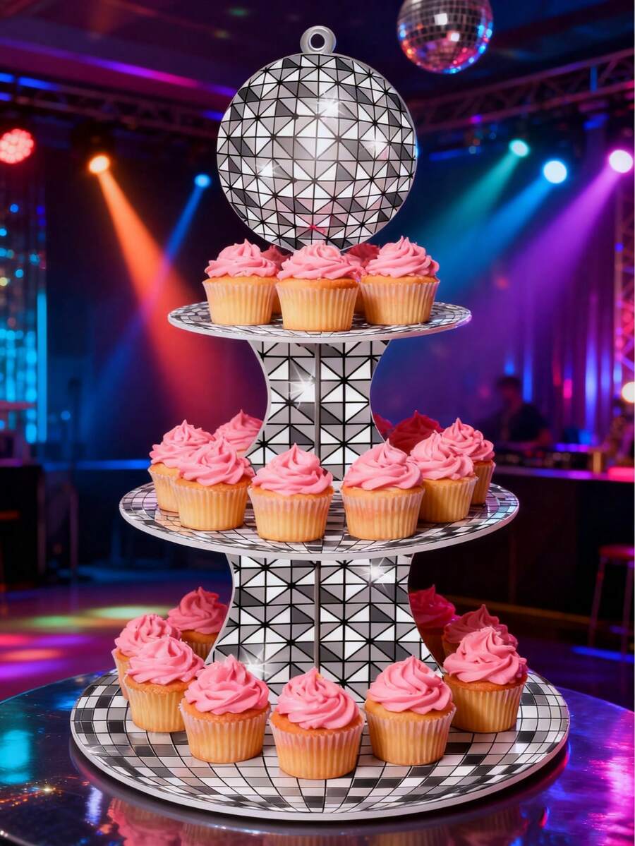 1set Disco-Themed Cupcake Stand, Cupcake Display Stand, Three-Tier Dessert Display Stand. Suitable For Disco-Themed Birthday Parties, Birthday Parties, Retro Parties, Baby Showers, Bachelor/Bachelorette Parties, Holiday Table DIY Cake Decorating, Bridal Dessert Tables, Or 70s New Year's Eve Snack Displays. - Multicolor - View 1